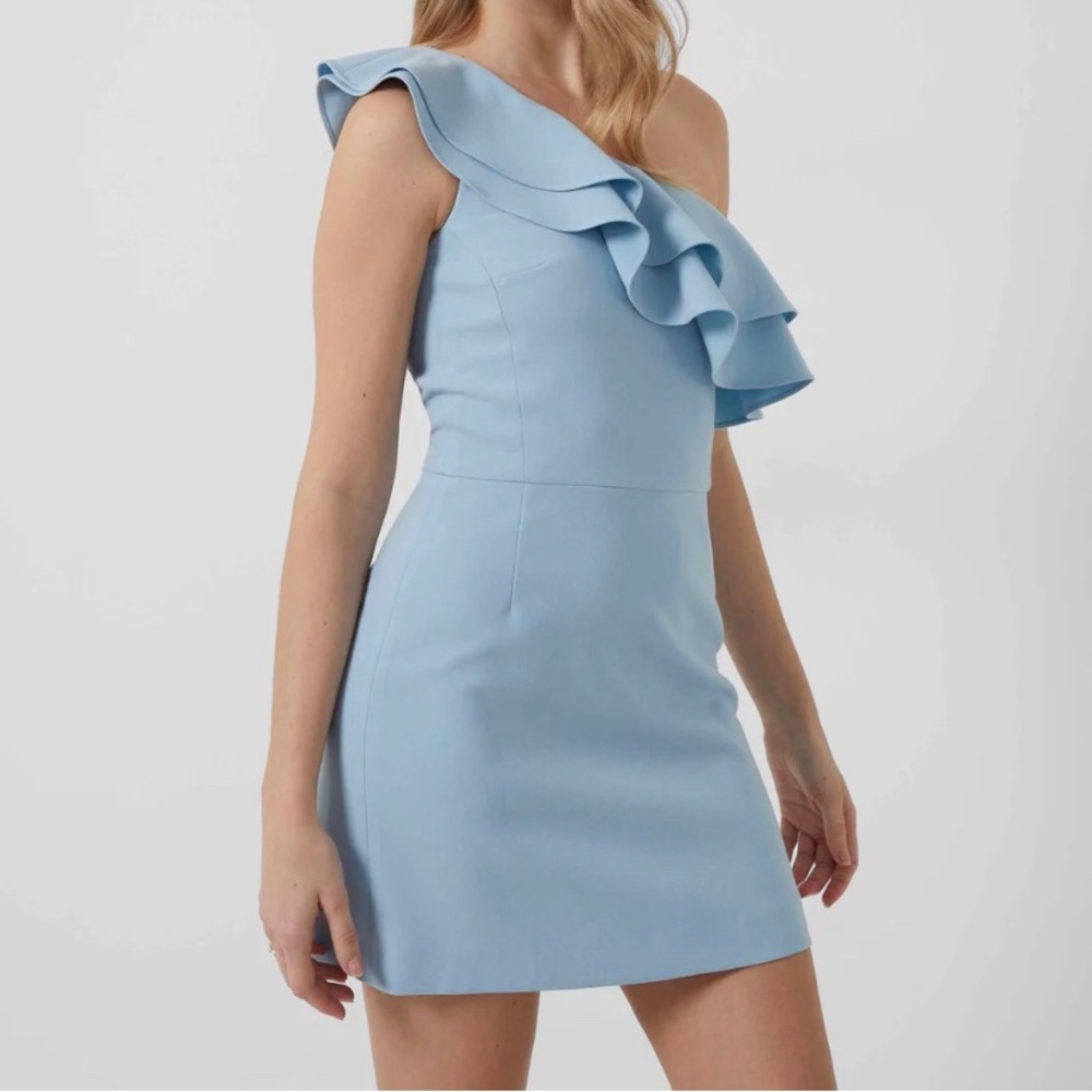 French Connection Whisper Asymmetrical Ruffle Neck Dress, blue, size 4